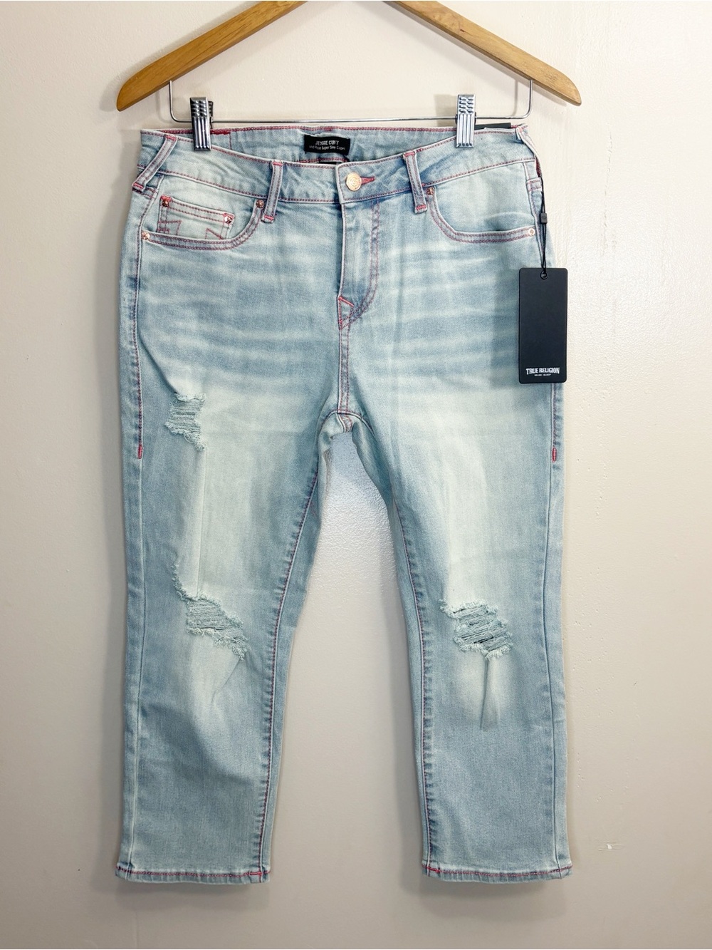 True Religion Mid Rise Super Skinny Capri Distressed Size 28 Pink Stitching